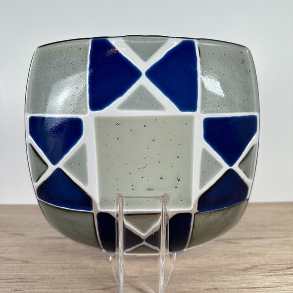 Fused Dichroic Art Glass Trinket Dish Bowl Square Iridescent  VTG 7" W Blue - Picture 5 of 8